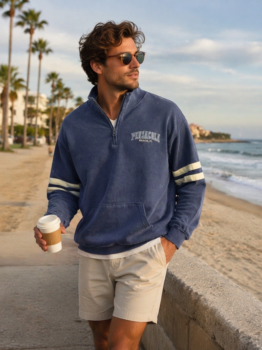 U.S. VINTAGE Men's Blue Pensacola Half-Zip Pullover Sweatshirt L